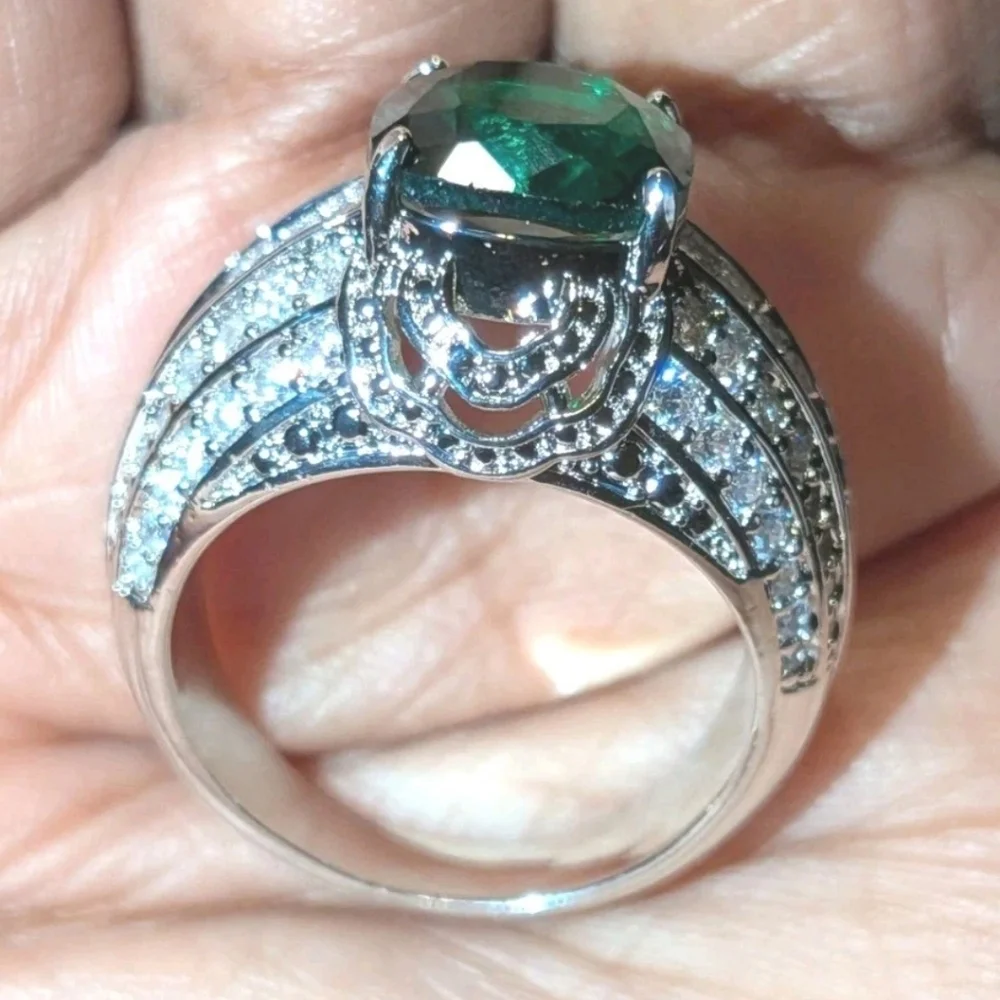5Ct Cushion Lab Created Emerald Solitaire Engagement Ring 14K White Gold Plated